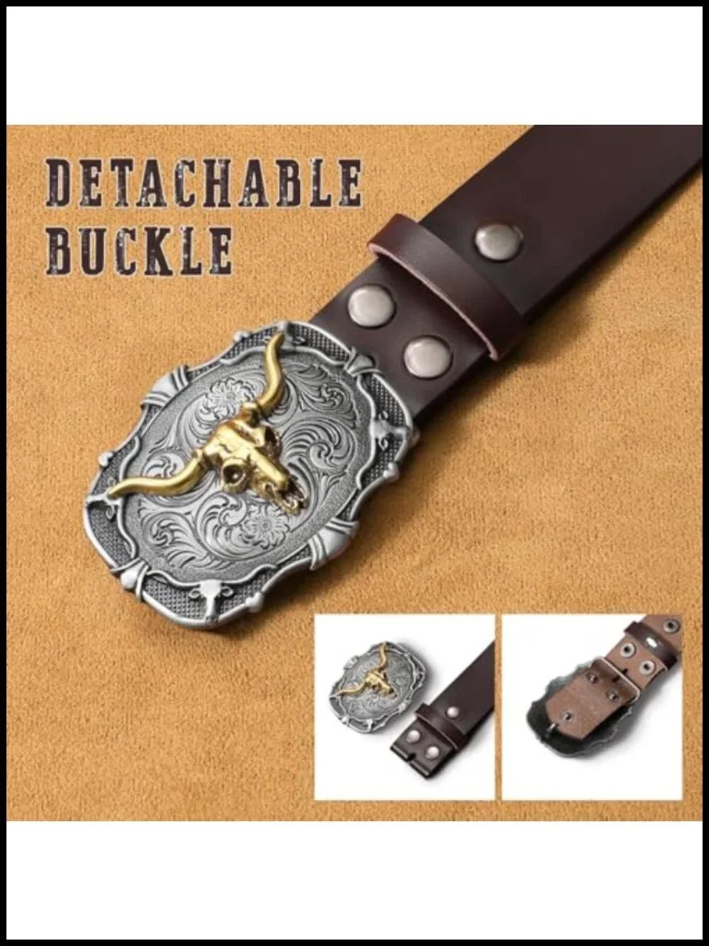 Leather Western Belt with Removable Horse or Bull Buckle for Men Women